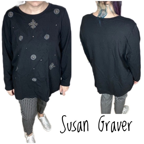 Susan Graver Weekend French Terry _Embellished Top - Picture 1 of 10